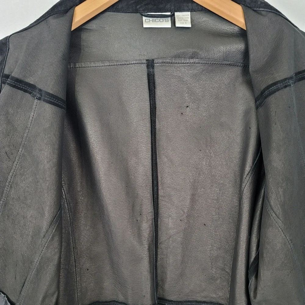Chicos Vintage Black Suede Long Jacket Button Front Collared Size 3 / X-Large